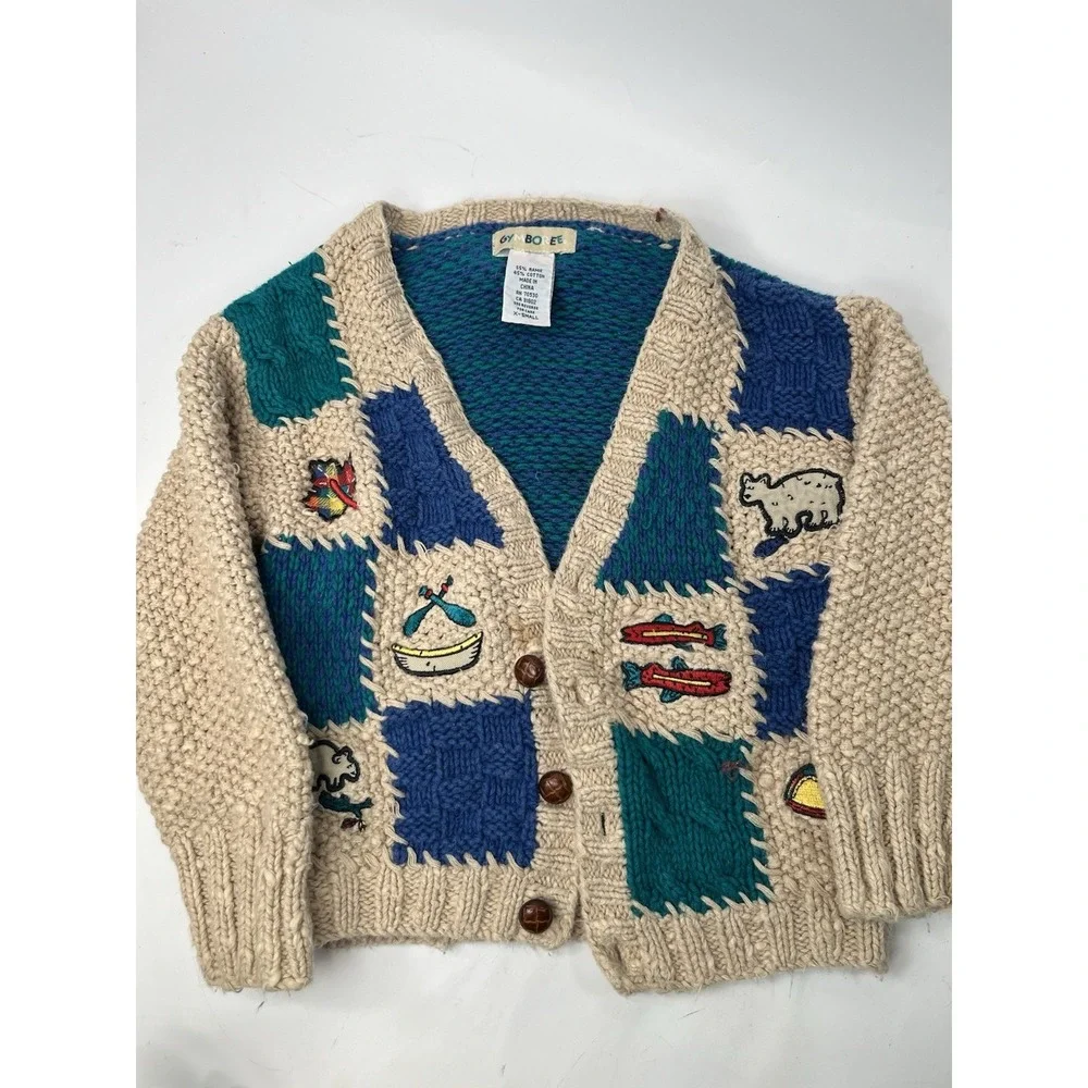 Vintage Gymboree Chunky Knit Cardigan Sweater Boy XS Into The Woods 1997 Grandpa